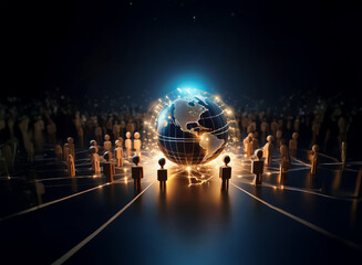 Aufkleber - A glowing Earth encircled by interconnected figures symbolizes global communication and networking.  The scene evokes feelings of unity and technological advancement.