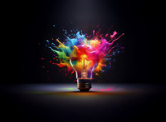 Aufkleber - A lightbulb explodes in a vibrant burst of multicolored paint, symbolizing creativity and innovative thinking.  The dark background enhances the colorful spectacle.
