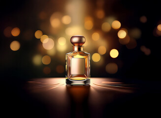 Poster - A luxurious amber perfume bottle sits center stage, illuminated against a bokeh backdrop of warm golden lights. The rich color and elegant design evoke a sense of opulence and sophistication.