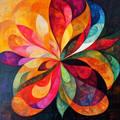 Wall Mural - A stunning abstract artwork featuring vibrant, multicolored flower petals arranged in a swirling pattern against a dark background.