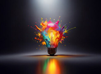 Aufkleber - A glowing lightbulb explodes with vibrant, colorful paint splashes, symbolizing creativity and innovative thinking.  The image is set against a dark background, highlighting the bright, energetic burs