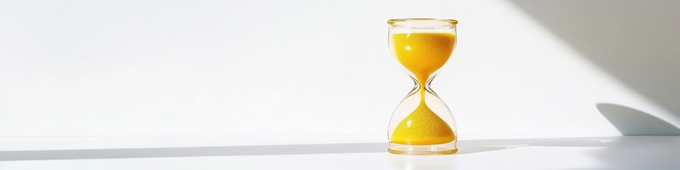 Poster - minimalist hourglass with golden sand half-empty displayed on stark white surface with faint shadow