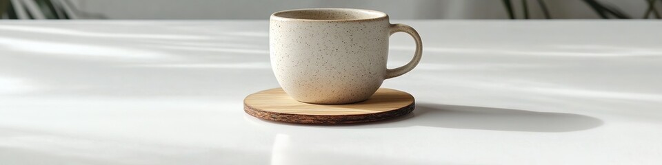 Poster - clean flat lay of ceramic coffee mug with wooden coaster placed on smooth white ceramic surface under soft light
