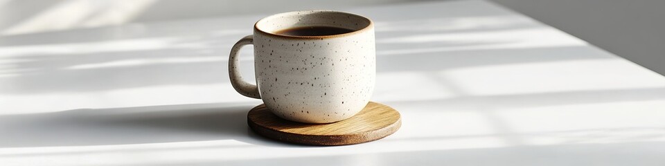 Poster - clean flat lay of ceramic coffee mug with wooden coaster placed on smooth white ceramic surface under soft light