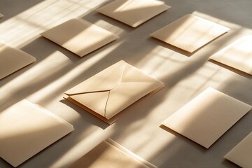 Aufkleber - clean flat lay of branded envelopes and business cards displayed on smooth matte surface under bright directional lighting