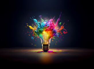 Poster - A lightbulb explodes in a vibrant burst of multicolored paint, symbolizing creativity and innovation.  The image evokes a sense of energy and inspiration.