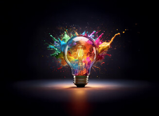 Aufkleber - A lightbulb explodes with vibrant, multicolored paint splashes, symbolizing creative energy and innovative thinking.  The image is dark, highlighting the bright, colorful explosion.