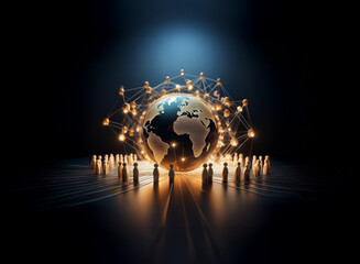 Aufkleber - A glowing earth encircled by interconnected golden figures, symbolizing global networking and human connection in a dark, futuristic setting.  The image evokes themes of unity, technology, and worldwi
