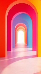 Wall Mural - A long, colorful tunnel with a white archway. The tunnel is made of different colored walls, creating a vibrant and lively atmosphere