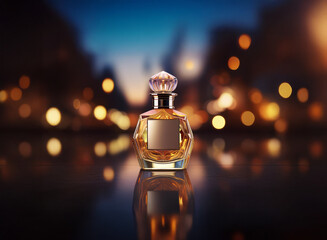 Aufkleber - A luxurious perfume bottle with a crystal-like stopper sits on a reflective surface against a blurred city night backdrop.  Golden hour lights glimmer in the background.