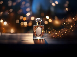 Poster - A luxurious perfume bottle sits on a dark wooden surface, illuminated by warm, sparkling lights.  The bokeh effect creates a magical, enchanting atmosphere.