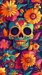 Wall Mural - A beautifully detailed sugar skull surrounded by vibrant flowers, capturing the essence of the Day of the Dead celebration.