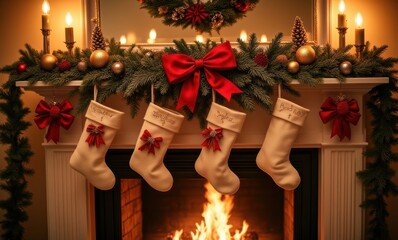 Wall Mural - Festive holiday mantel with stockings