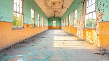 The abandoned old train station's interior is a haunting sight, with cracked walls, broken windows, and eerie shadows casting a sense of foreboding.