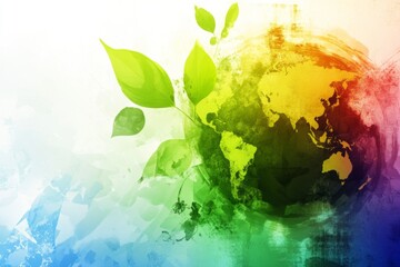 a colorful painting of a leafy green globe with a blue background. the painting conveys a sense of e
