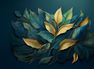 Poster - Elegant teal and gold leaves, intricately layered, create a luxurious, embossed floral arrangement.  The deep blue background enhances the metallic sheen.