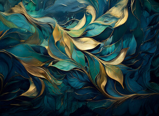 Poster - Abstract artwork featuring swirling teal and gold leaves.  Luxurious, opulent, and organic shapes create a flowing, elegant design. Deep jewel tones and metallic accents.
