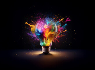 Aufkleber - A lightbulb explodes in a vibrant burst of multicolored paint, symbolizing creativity and innovation.  The dark background accentuates the bright, dynamic splash.