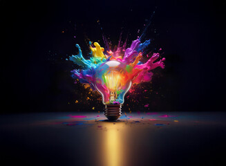 Aufkleber - A glowing lightbulb explodes with vibrant, multicolored paint splatters, symbolizing creative inspiration and innovative thinking.  The dark background emphasizes the brilliance of the colorful burst.