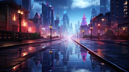 Rendering of neon megacity with reflections from puddles on street heading to buildings. 