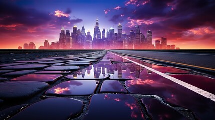 Rendering of neon megacity with reflections from puddles on street heading to buildings 