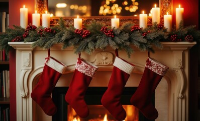 Wall Mural - Festive red stockings on a fireplace mantle