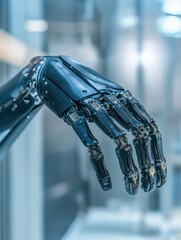 Leinwandbilder - Prosthetic arm demonstrating advanced functionality in a modern setting with ample copy space. Generative AI