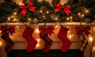 Wall Mural - Festive stockings hanging by the fireplace