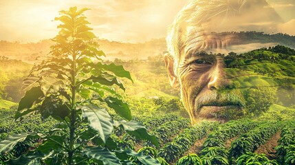 Wall Mural - double exposure of a wilting Robusta plant and a farmer’s worried face, symbolizing the human cost and reduced productivity of coffee crops due to climate change. [Robusta]:[Productivity decreased 