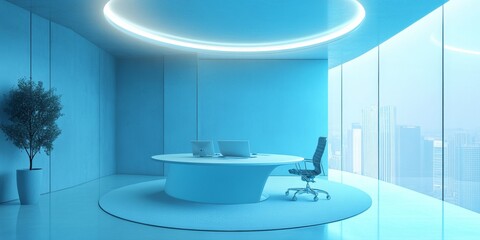 Poster - A blue office with a round desk and a chair. The room is empty and has a modern feel