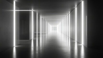 Wall Mural - A long, dark hallway with a light shining down on it. The light is on the floor and the walls