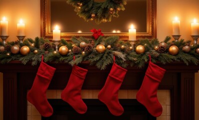 Wall Mural - Festive stockings on a decorated mantel