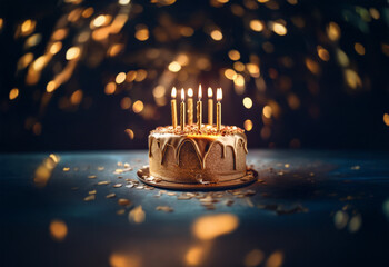 Aufkleber - A single-tiered birthday cake with golden candles, drizzled with chocolate,  set against a bokeh background of warm gold lights.