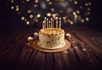 Poster - A birthday cake with gold candles and sprinkles sits on a wooden table with scattered confetti and candles in the background.
