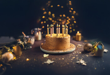 Poster - A golden cake with lit candles sits on a table surrounded by festive decorations and warm string lights.