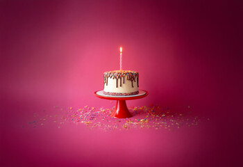 Aufkleber - A single lit candle tops a white frosted cake with chocolate drizzle, sitting on a red cake stand against a vibrant pink background.