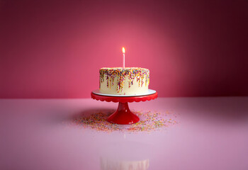 Poster - A single candle burns on a white birthday cake with colorful sprinkles, set against a pink backdrop.