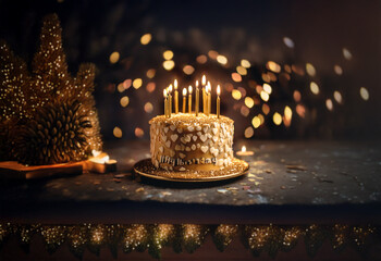 Poster - A golden cake with lit candles sits on a table with a decorative pine tree in the background.