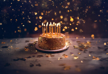 Aufkleber - A single-tiered golden cake with lit candles is surrounded by a scattering of gold confetti against a dark background with bokeh lights.