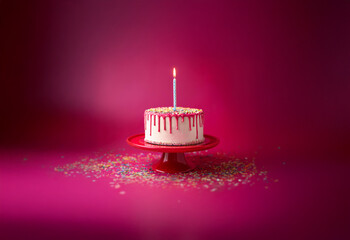 Aufkleber - A single lit candle sits atop a white cake with pink frosting and sprinkles, displayed on a red cake stand against a solid magenta background.