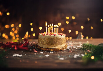 Aufkleber - A birthday cake with lit candles sits on a rustic wooden table with red ribbon, a sprig of evergreen, and white sprinkles scattered around.