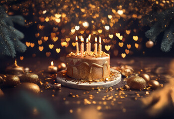Poster - A golden birthday cake with lit candles sits on a table with golden decorations and a blurred background of lights.