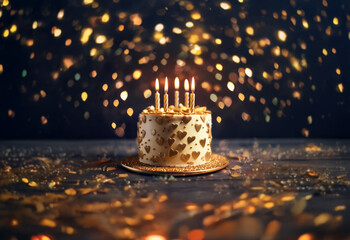 Poster - A single-tier cake decorated with golden hearts sits on a wooden table with confetti and a bokeh of golden lights in the background. The cake has five lit candles.
