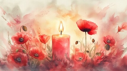 Poster - Gentle watercolor illustration of a lone remembrance candle with a background of red and pink poppy blooms.