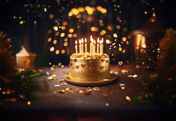 Aufkleber - A golden cake with heart-shaped details and lit candles sits on a table surrounded by confetti and bokeh lights.