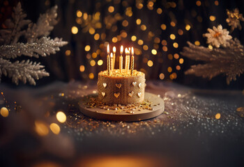 Aufkleber - A golden birthday cake with lit candles sits on a table with sparkling gold confetti and a blurred background of white branches and bokeh lights.