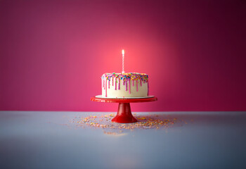 Aufkleber - A single lit candle sits atop a white cake decorated with pink and white drizzled icing and colorful sprinkles, set against a pink background. The cake is on a red cake stand with a red pedestal.