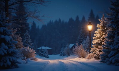 Sticker - Winter night path lit by lantern