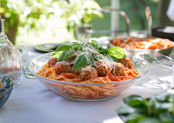 Meatballs with spaghetti with tomato sauce and basil in plate on restaurant table.Macro.AI Generative.