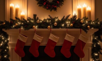 Wall Mural - Festive Christmas stockings by the fireplace